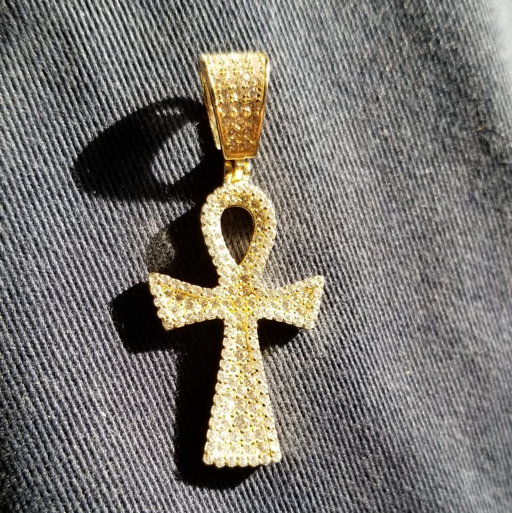 New Sterling Silver Ankh CZ Gold Finish Pendant